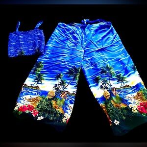 Blue Tropical Hula Print Wide-Leg Pants with Matching Crop Top